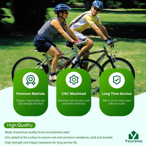 Two people riding bicycles in a park with promotional text about product quality and durability shown below.
