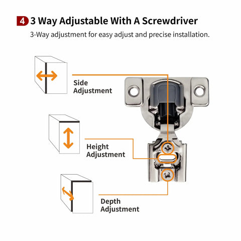 3-way adjustment diagram for 50 Pack Half Inch Overlay 2D Soft Close Face Frame Cabinet Hinges With 3 Way Adjustment And Quiet Self Shut Door 105 Degree Swing For Kitchen Cabinets Great For Quick Installs And Whisper Quiet Use, showing side, height, and depth adjustment with screwdriver.