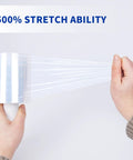 Person demonstrating stretchability of Heavy Duty Pro Grade 60 Gauge Stretch Wrap Film 4 Inch By 1000 Foot Roll With Handle