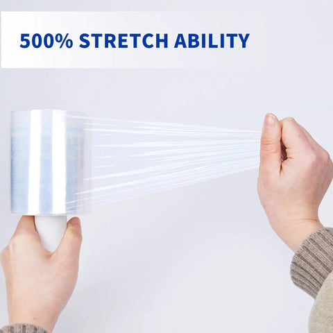 Person demonstrating stretchability of Heavy Duty Pro Grade 60 Gauge Stretch Wrap Film 4 Inch By 1000 Foot Roll With Handle