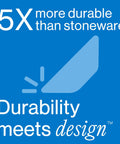 Durability meets design graphic highlighting 5X more durable than stoneware for kitchen essentials in blue background.