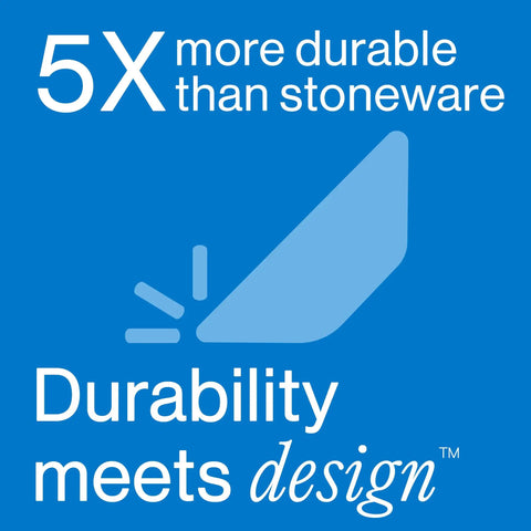Durability meets design graphic highlighting 5X more durable than stoneware for kitchen essentials in blue background.