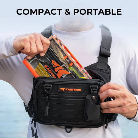 Person placing HyperSeal 3500 Double Sided Waterproof Fishing Tackle Box With Adjustable Dividers in a black chest pack