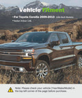 Vehicle fitment banner for Toyota Corolla 2009–2013; mountain landscape with a dark pickup truck in a field.
