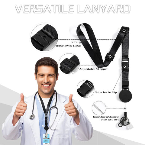 Heavy Duty Retractable Lanyard For ID Badges And Keys With Breakaway Safety, Upgraded Carabiner, Durable Key Ring, Two Card Thumb Slot Badge Holder