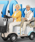 25 Mile Range 4 Wheel Mobility Scooter For Adults And Seniors, two seniors seated on a scooter with a sturdy basket and LED light.