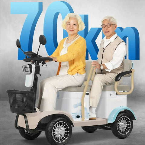 25 Mile Range 4 Wheel Mobility Scooter For Adults And Seniors, two seniors seated on a scooter with a sturdy basket and LED light.