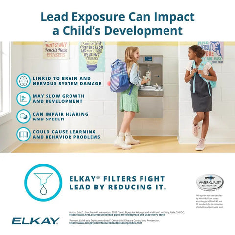 Two children using a bottle filler with text on lead exposure impact on child development and benefits of Elkay filtration.