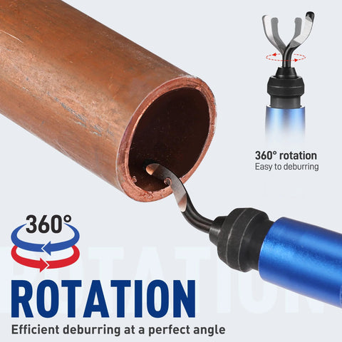 WORKPRO deburring tool with blue handle and 360° rotary head; used on copper pipe with 11 high-speed steel blades.