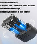 No Sweat Cordless Pipe Bender With Quick Charge Battery And Detachable Molds For Smooth Copper Tubing Shaping Ideal For Hvac Maintenance And Hands On Diy Plumbing Tasks lithium battery showing fast charge features