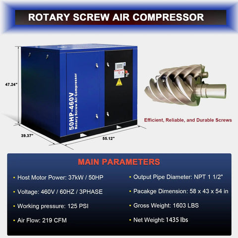 Beefy 50 HP Rotary Screw Air Compressor Delivering 219 CFM At 125 PSI, 460V 3 Phase 60Hz, Fixed-Speed Industrial-Grade, shown with specs