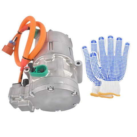 Bolt Right In 125W Belt Driven AC Compressor For Tesla Model S And Model X 2016 To 2020 with orange wires and gloves