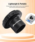 1.25 Inch T-Adapter and T Ring for Pentax K SLR DSLR, Universal Telescope Photo Attachment in black aluminum on scale.