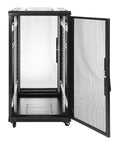Heavy Duty 22U Network Server Rack Cabinet Ready To Roll With Pre Assembled Vented Doors And Thumb Locks For Serious Computer And Tech Gear Setup Black solid build with open vented doors.