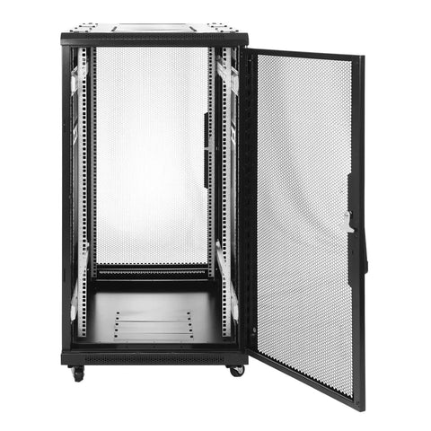 Heavy Duty 22U Network Server Rack Cabinet Ready To Roll With Pre Assembled Vented Doors And Thumb Locks For Serious Computer And Tech Gear Setup Black solid build with open vented doors.
