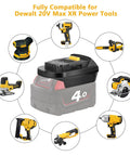Milwaukee M18 18V To Dewalt 20V Max Battery Converter Adapter surrounded by compatible Dewalt tools