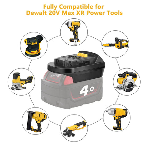 Milwaukee M18 18V To Dewalt 20V Max Battery Converter Adapter surrounded by compatible Dewalt tools