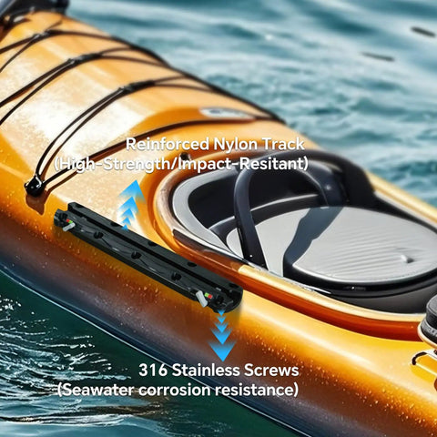 All Water Ready Kayak Fishing Rail System With Manual Lock Dual End Guard For Easy Install Holds Rod Holders And Fish Finders Cups Fits Yaks Jon Boats And Small Boats 2 Pack, black nylon track with 316 stainless screws on kayak