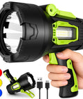 Rechargeable 2 Million Lumen Spotlight with Beastly Bright LED, green and black design, USB cable, handheld view
