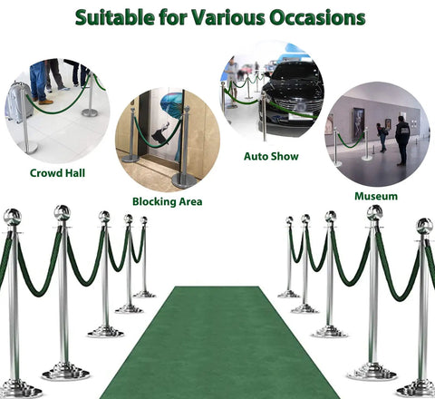 Image of Green Velvet Stanchion Rope 2 Pack, 5 Ft Crowd Control Barriers With Silver Hooks For VIP Red Carpet Events, showcasing setup options.