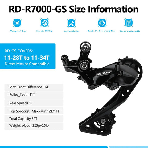 11 Speed Road Bike Derailleur Direct Mount RD R7000 GS Upgrade For Sweet Shifts Lightweight Build Rock Solid For Any Road Bike Quick Gear Changes Smooth Street Ready Ride displaying size information and compatibility.