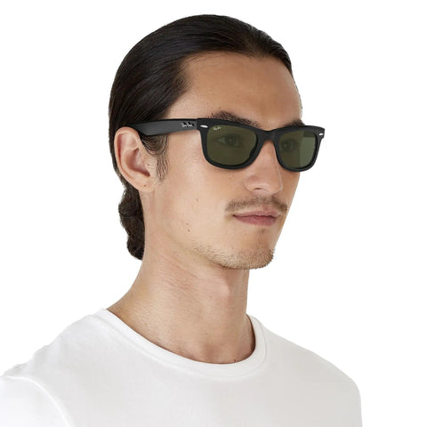 Man wearing Unisex Wayfarer Style Sunglasses With Low Bridge Fit, Iconic Square Frames, Polarized and Nonpolarized Lenses, Black, 52mm