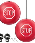 Two Piece Red Tennis Ball Garage Parking Aids Driveway Vehicle Stopper Markers with STOP sign for easy vehicle alignment.
