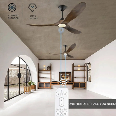 52 Inch Smart Outdoor Ceiling Fan With Lights For Patios Damp Rated Walnut Wood 3 Blade Farmhouse Style With High Airflow DC Motor