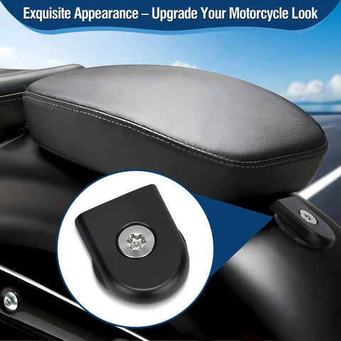 Lock Up Your Ride With Badass Heavy Duty Motorcycle Fender Tab Covers And 1 4-20 Seat Bolt Security Screws With Rubber Washers For Solid Anti Theft Bike Armor And Long Life, black fender tab cover on motorcycle seat.