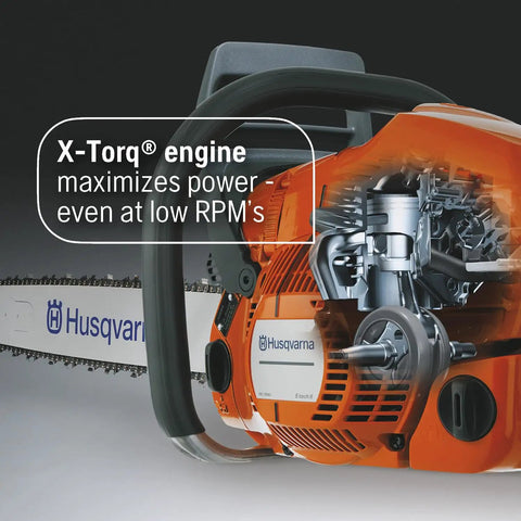 Gas Chainsaw 18 Inch 50cc 3-HP 2-Cycle X-Torq Engine with Automatic Oiler and Easy Start displayed with internal engine view.