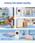 Slick Mini Bluetooth Label Maker With Five Colorful Tapes And Smart LED Display For Quick Organizing in a fridge, bathroom, and closet.
