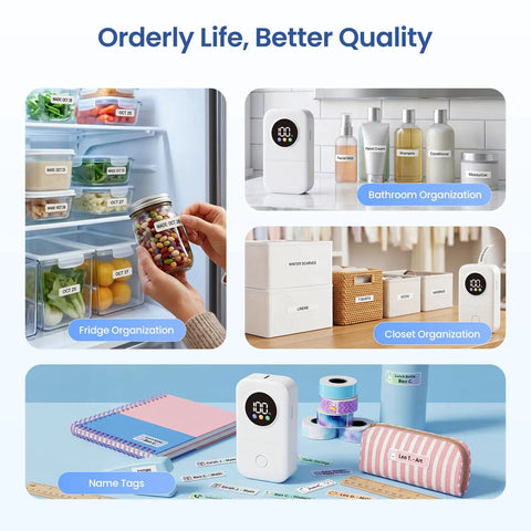 Slick Mini Bluetooth Label Maker With Five Colorful Tapes And Smart LED Display For Quick Organizing in a fridge, bathroom, and closet.