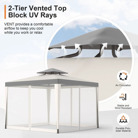 2-tier vented top of the Patio Gazebo Tent 10x10 Outdoor Canopy Shelter With Removable Netting, 100 Sq Ft Of Shade For Garden