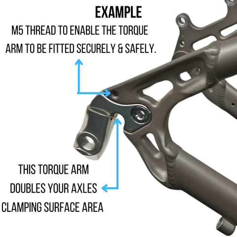 Heavy Duty E Bike Torque Arm Set Universal M16 For 3000W 5000W Motors on bicycle frame showing M5 thread fitting