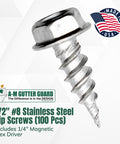 Close-up of Gutter Screw Kit Half Inch 8 Stainless Steel Zip Screws With Self Piercing Xtra Sharp Tip, USA-made