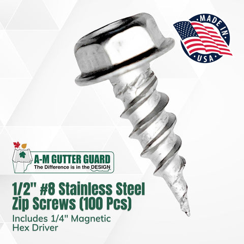 Close-up of Gutter Screw Kit Half Inch 8 Stainless Steel Zip Screws With Self Piercing Xtra Sharp Tip, USA-made
