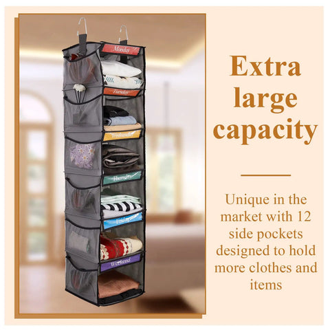 Two Pack 6 Shelf Weekly Kids Clothes Organizer With Side Pocket 47 Inch Hanging Divider Kid Friendly Monday Through Friday School Outfits Plus Weekend Storage White, shown hanging with labeled shelves