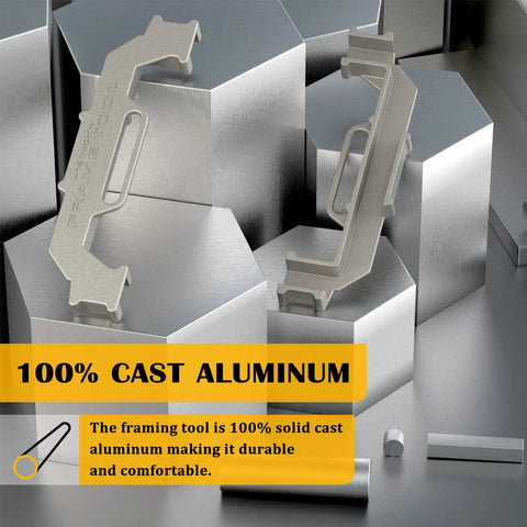 16 Inch On Center Stud Layout Tool Forged From Tough Cast Aluminum showing sturdy frame, hexagonal metal background, and alignment feature.