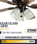 Three-arm light fixture with clear glass, part of 52 Inch Rustic Indoor LED Ceiling Fan With Light Kit, Dope Oil Rubbed Bronze Finish.