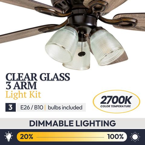 Three-arm light fixture with clear glass, part of 52 Inch Rustic Indoor LED Ceiling Fan With Light Kit, Dope Oil Rubbed Bronze Finish.