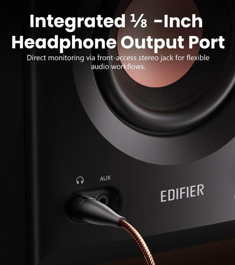 Close-up of the Hi Res Audio 2.0 Studio Monitors For Your Home Studio Setup Vibe, 110W RMS showing headphone output port.