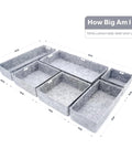 Deluxe Drawer Organizer Set For Home Office And Bathroom, gray felt 6-piece bins, multiple sizes shown, minimalist style.