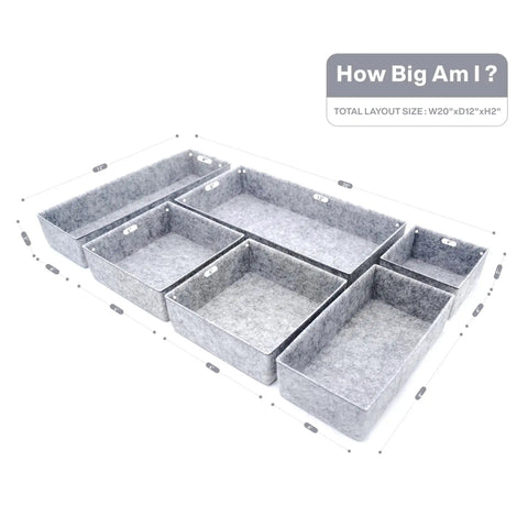 Deluxe Drawer Organizer Set For Home Office And Bathroom, gray felt 6-piece bins, multiple sizes shown, minimalist style.