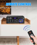 AK45 300W Dual Channel Bluetooth Stereo Power Amplifier with Remote on white shelf