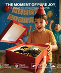 Child opening a gift box with an Epic Kids RC Helicopter With 360 Degree Propeller Protection, friends celebrating in background.