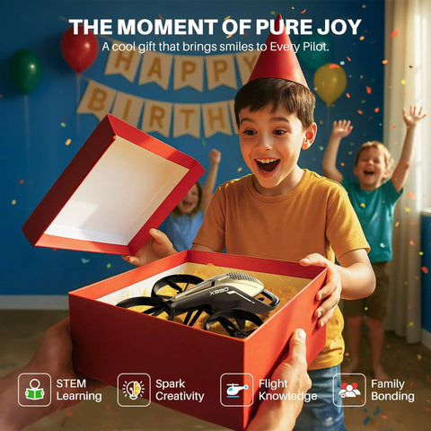 Child opening a gift box with an Epic Kids RC Helicopter With 360 Degree Propeller Protection, friends celebrating in background.