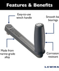 8 Inch Aluminum Winch Handle With Ball Bearings For Smooth Cranking, Marine Grade Alloy, corrosion resistant, product features shown