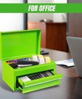 10 Inch Mini Portable Steel Tool Box With Drawer In Green For Garage Or Workbench Lightweight Metal Tool Chest Rust Proof Steel With Green Powder Coat on office desk