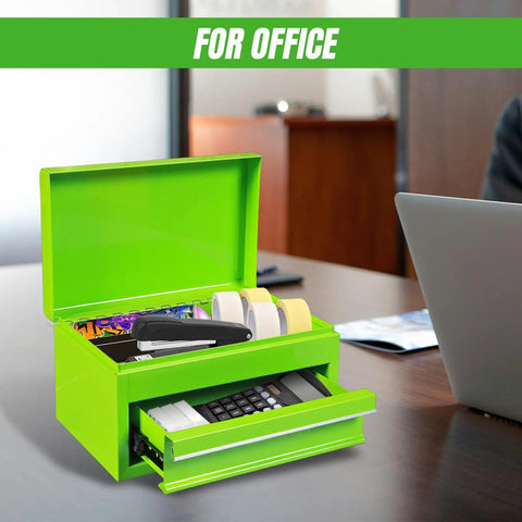 10 Inch Mini Portable Steel Tool Box With Drawer In Green For Garage Or Workbench Lightweight Metal Tool Chest Rust Proof Steel With Green Powder Coat on office desk