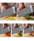 Stainless steel crinkle cutter knife with ribbed, wavy blade for slicing potatoes and vegetables on a cutting board